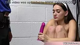 Cute teen pays for stealing dildo with rough blowjob