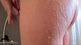 Beautiful Brunette Masturbates with Hand Shower in Hotel, Cumming in Tight Pussy