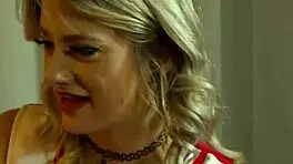 Busty brunette and cutiepie cheerleader gf trib and lick each other