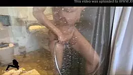 Beautiful Brunette Masturbates with Hand Shower in Hotel, Cumming in Tight Pussy