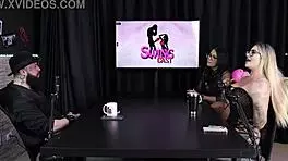 gabe spec's submissive serves top in sheer red lingerie