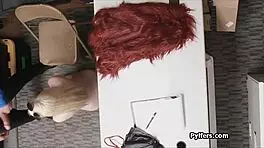 Perky blonde caught giving blowjob in office hardcore