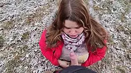 Ever seen a chubby girlfriend with big boobs drool cum after an outdoor facial?