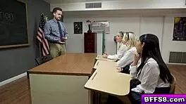 Students Penelope Woods, Britt Blair, and Kallie Taylor turn from good girls to horny babes fucking their favorite teacher