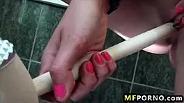 Hot Blonde Noleta Toys Shaved Pussy in Bathroom