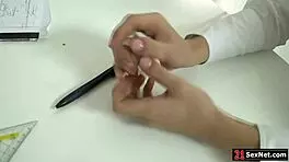 Lesbian teen 18+ surprises classmates with a 3some in the classroom using dildos and ass licking.