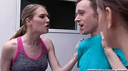 Sexy stepsiblings whip out the stud's rod and share it giving him a slobbery blowjob