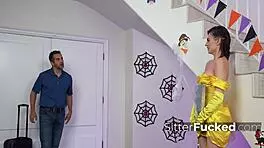 I caught the teen 18+ babysitter slut planning a seductive Halloween party in my house while cheating
