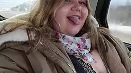 Chubby beauty with massive tits rubs herself wild in a cab backseat