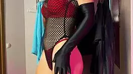 passionate sex on the bed with a red haired girl wearing body and leather high-heeled boots