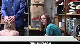 loss prevention officer proceeds to punish fuck female suspect with big cock blowjob while male suspect looks on