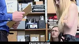 loss prevention officer proceeds to punish fuck female suspect with big cock blowjob while male suspect looks on