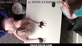 loss prevention officer proceeds to punish fuck female suspect with big cock blowjob while male suspect looks on