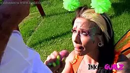 yo, check this fairy inked babe getting banged hard outside in uniform