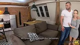 Teen wife gives blowjob for cash to old cuckold