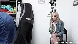 Old guard exploits a young 18+ thief. He forces rough action in the shop after catching her.