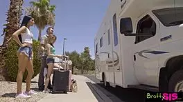 Step sis dives into muff on family vacation with blonde Latina licking