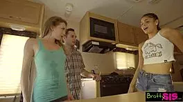 Step sis dives into muff on family vacation with blonde Latina licking