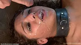 Teen submissive is gagged, handcuffed, and then fucked in lesbian BDSM video