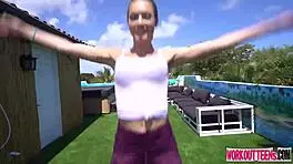 jc wilds stretching outdoors before intense cowgirl and doggystyle action