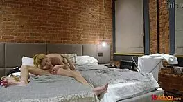 Redhead teen with shaved pussy bends over for doggystyle licking and cum