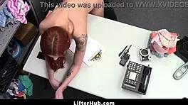 redhair teen hides stolen item in waistband, burglar rips clothes, striptease leads to blowjob, cowgirl, bent over in shop.