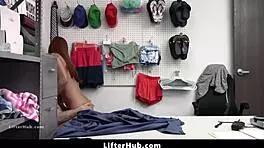 redhair teen hides stolen item in waistband, burglar rips clothes, striptease leads to blowjob, cowgirl, bent over in shop.