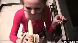 Amateur Lesbians Enjoy Good Time At Home With Food And Kissing.