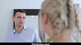 asian teen offers young stud nextdoor sex - thinasian, her shaved pussy wet for big cock.