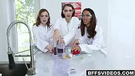 Natalie porkman leads girls in sucking and fucking johnys cock.