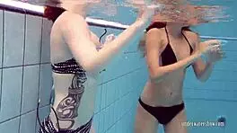 Bushy and round ass girls strip and swim in pool, beach, and outdoor areas