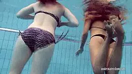 Bushy and round ass girls strip and swim in pool, beach, and outdoor areas