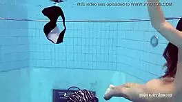 Bushy and round ass girls strip and swim in pool, beach, and outdoor areas