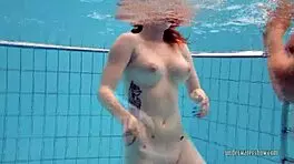 Bushy and round ass girls strip and swim in pool, beach, and outdoor areas