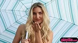 Beautiful blonde babe outdoor strip at the alps.