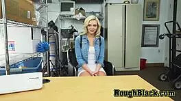 Slutty blonde cutie gives blowjob and handjob to horny black monster cock stud during casting