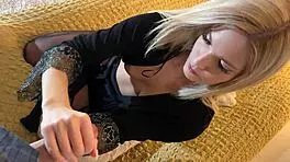 Hot Blonde New Petite 18+ Wife Gives Sexy Teasing Handjob In Nightie With Black Stockings At Home For Big Cock Precum!