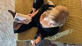 Hot Blonde New Petite 18+ Wife Gives Sexy Teasing Handjob In Nightie With Black Stockings At Home For Big Cock Precum!