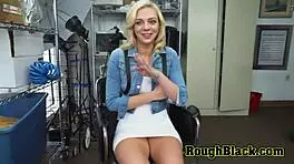 Slutty blonde cutie gives blowjob and handjob to horny black monster cock stud during casting