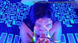 Rich Latina BBW Teen Performs Extreme Deepthroat Blowjob On Huge Dildo In Neon