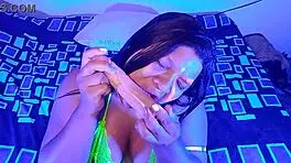 Rich Latina BBW Teen Performs Extreme Deepthroat Blowjob On Huge Dildo In Neon