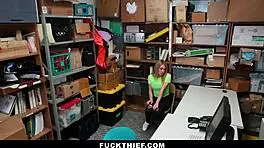 Teen thief caught, strip searched, and fucked by mall officer with blowjob and doggystyle