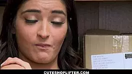 Petite brunette teen shoplifter Emily Willis gets caught and fucked hard by the loss prevention officer in the store