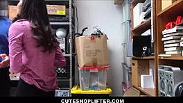 Petite brunette teen shoplifter Emily Willis gets caught and fucked hard by the loss prevention officer in the store