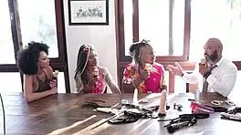 Black Couple in Sensual Event, Sheer Red Lingerie Teasing