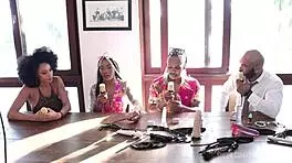 Black Couple in Sensual Event, Sheer Red Lingerie Teasing