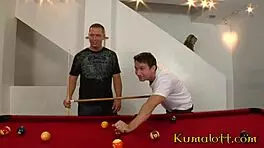 Skinny blonde babe fucked by two guys on pool table