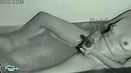 slender girl bathes in evening, masturbates her juicy pussy with vibrator, reaches orgasm