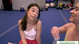 Two Brunette Teen 18+ Lesbians Engage In Oral Sex And Fingering During Gym Workout