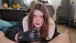 Just a casual tale of a CHUBBY VAMP MISTRESS in leather gloves giving an epic handjob